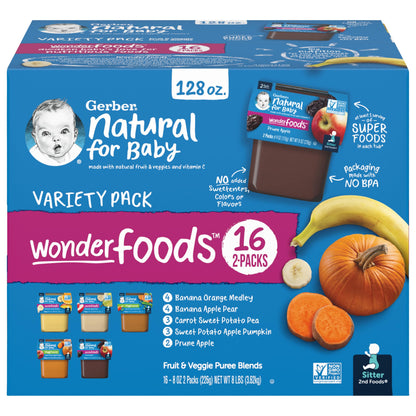 Gerber Purees 2nd Foods Veggie & Fruit Variety Pack, 8 Ounces, Box of 16 (Packaging May Vary)