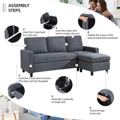 Shintenchi 79 Inch Convertible Sectional Sofa Couch, Modern Linen Fabric L-Shaped , 3-Seat Sofa Sectional with Reversible Chaise for Living Room, Apartment and Small Space (Dark Grey)