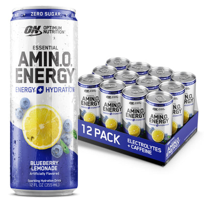 Optimum Nutrition Amino Energy Sparkling Hydration Drink, Electrolytes, Caffeine, Amino Acids, BCAAs, Sugar Free, Juicy Strawberry, 12 Fl Oz, 12 Pack (Packaging May Vary)