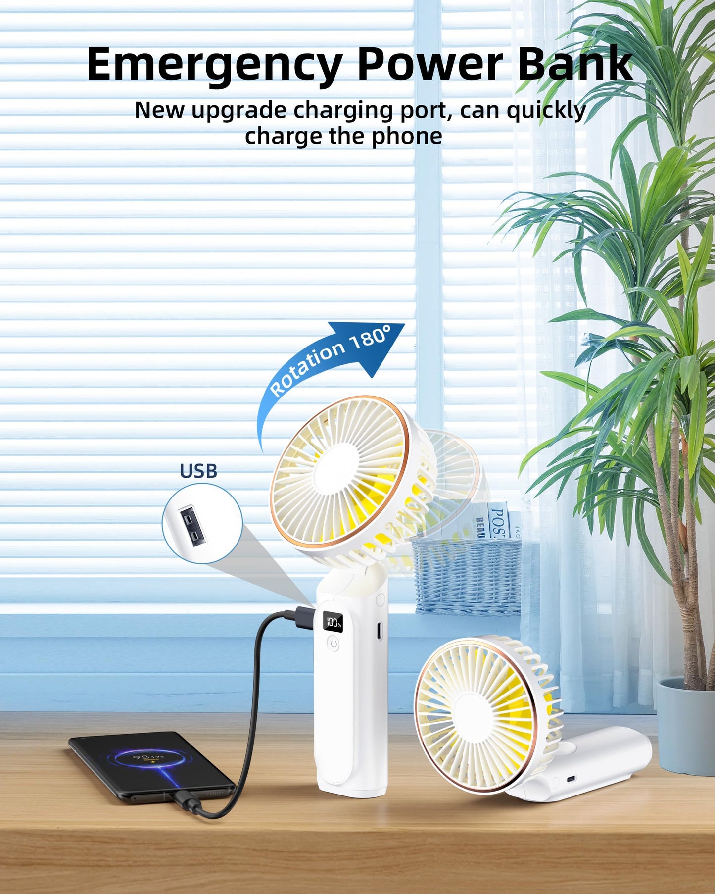 TUNISE Portable Handheld Fan, Portable Fan Rechargeable, 4000mAh, 180° Adjustable, 6 Speed Wind, Display Electricity in Real Time, USB Rechargeable Foldable Fan, Quiet Personal Fan as the Power Bank