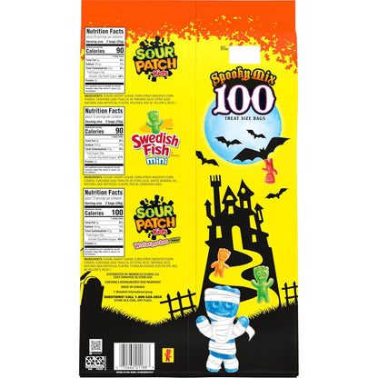 SOUR PATCH KIDS & SWEDISH FISH Mini Halloween Candy Variety Pack, Bulk Candy, 100 Trick or Treat Bags