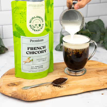 Worldwide Botanicals French Chicory Root - Brew Like Coffee, Blend Roasted Chicory Root With Coffee, Prebiotic Coffee Alternative, Acid Free, Caffeine Free, Kosher - 1 Pound