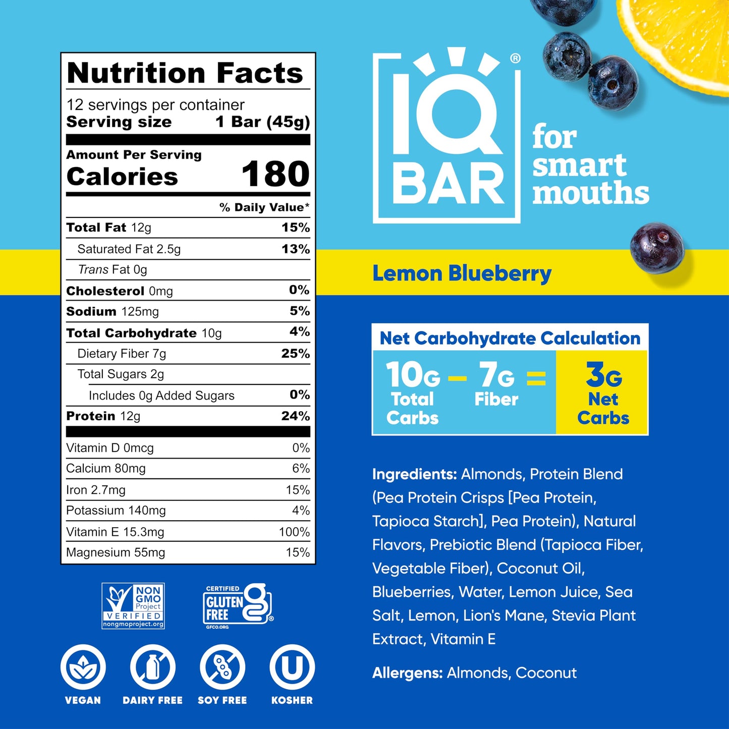 IQBAR Brain and Body Plant Protein Bars - Almond Butter Chip - 12 Count, Low Carb, High Fiber, Gluten Free, Vegan Snacks - Low Sugar Keto Energy Bars