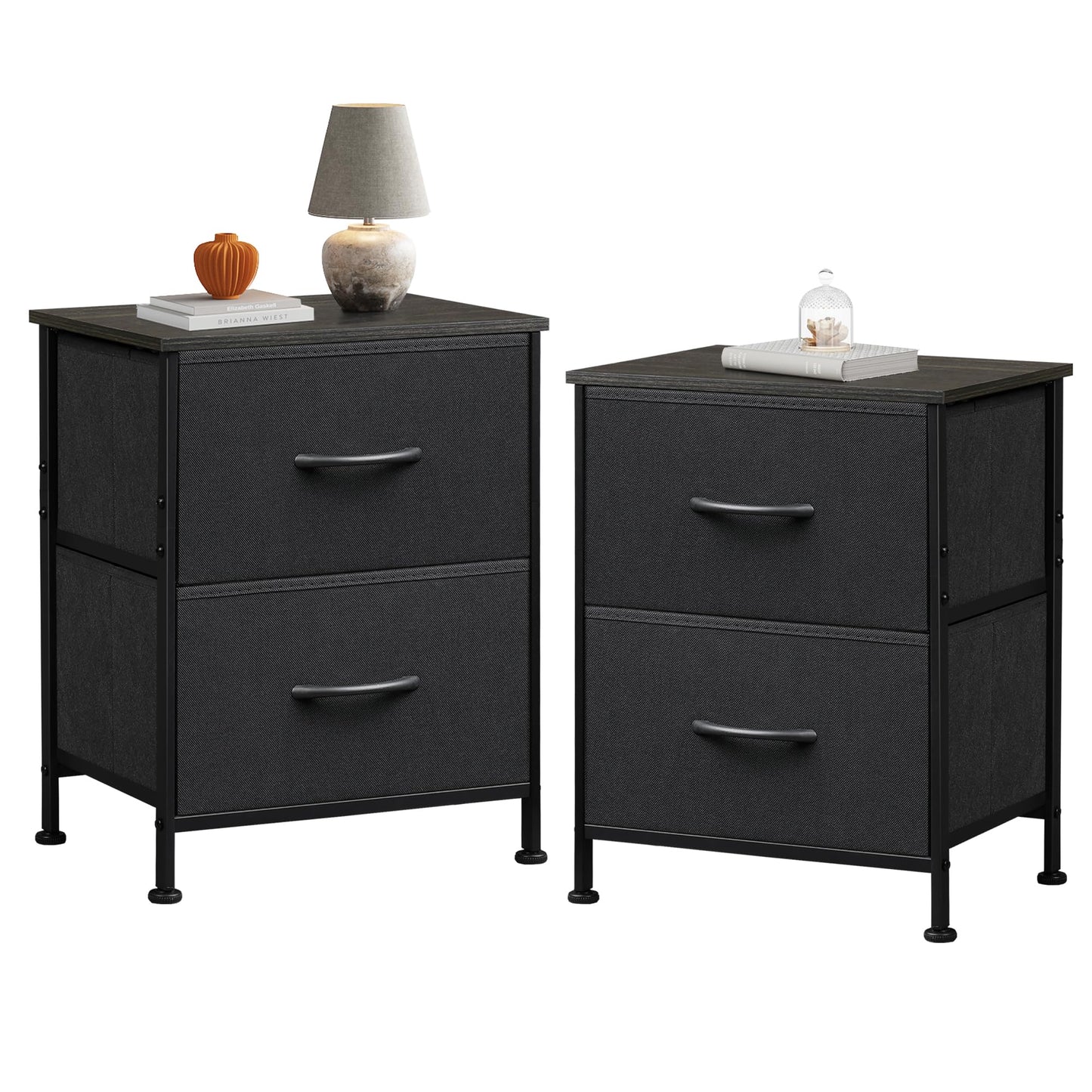 WLIVE Black Nightstand, Small Dresser for Bedroom with 2 Fabric Drawer, Bed Side Table with Drawers, End Table Bedside Furniture, Sturdy Steel Frame, Wood Top, Closet Organizer, College Dorm