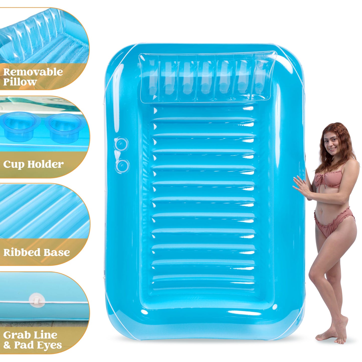 Sloosh Inflatable Tanning Pool Lounge Float, 70" x 46" Suntan Tub Raft Floatie, Tanning Pool with Pillow, Personal Pool Lounger for Adult Summer Water Party, L-Blue