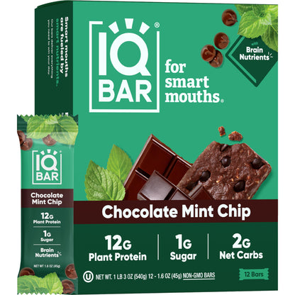 IQBAR Brain and Body Plant Protein Bars - Almond Butter Chip - 12 Count, Low Carb, High Fiber, Gluten Free, Vegan Snacks - Low Sugar Keto Energy Bars