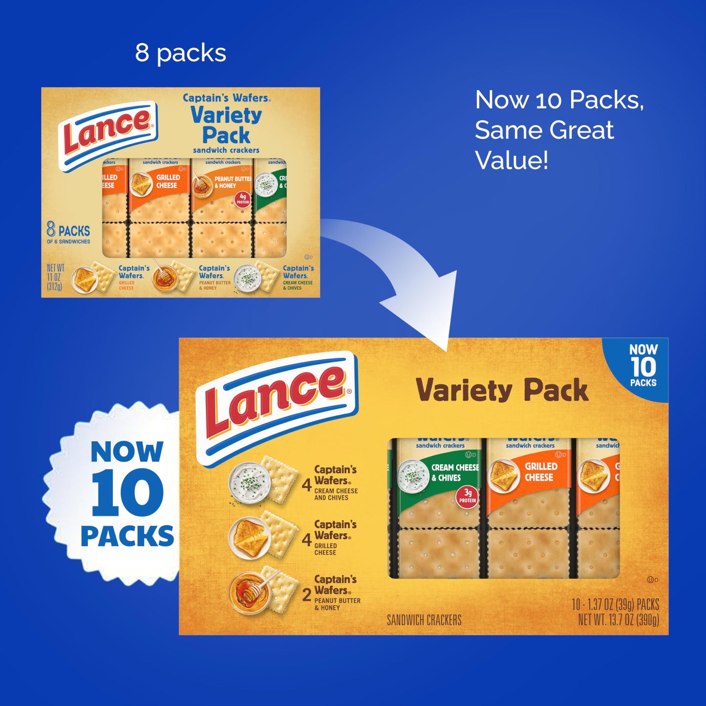 Lance Sandwich Crackers, Captain's Wafer Grilled Cheese, 10 Individual Packs, 6 Sandwiches Each