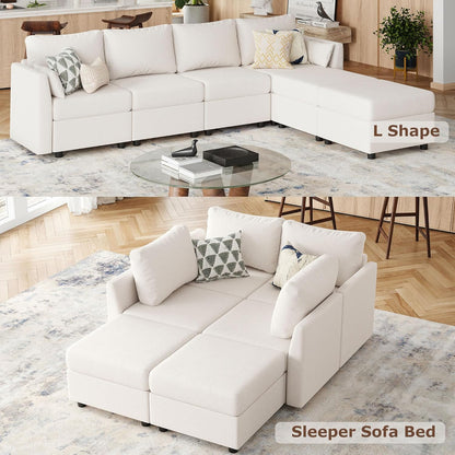 Modular Sectional Sofa with Storage, Convertible 6 Seat Sectional Couches for Living Room, U Shaped Sectional Sofa with Chaise, Comfy Sectional Sleeper Sofa, High Supportive Sponge-Beige