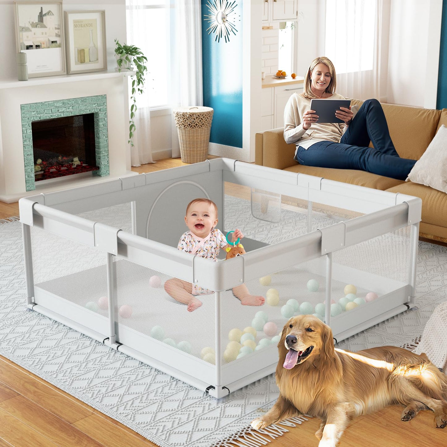 Fodoss Baby Playpen, Playpen for Babies & Toddlers, 47x47 Small Baby Play Pen,Toddler Playpen for Apartment,Play Yard for Baby,Baby Activity Play Fence, Extra Large Baby Playard