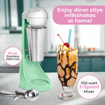 Nostalgia Two-Speed Electric Milkshake Maker and Drink Mixer, Includes 16-Ounce Stainless Steel Mixing Cup and Rod, Cream