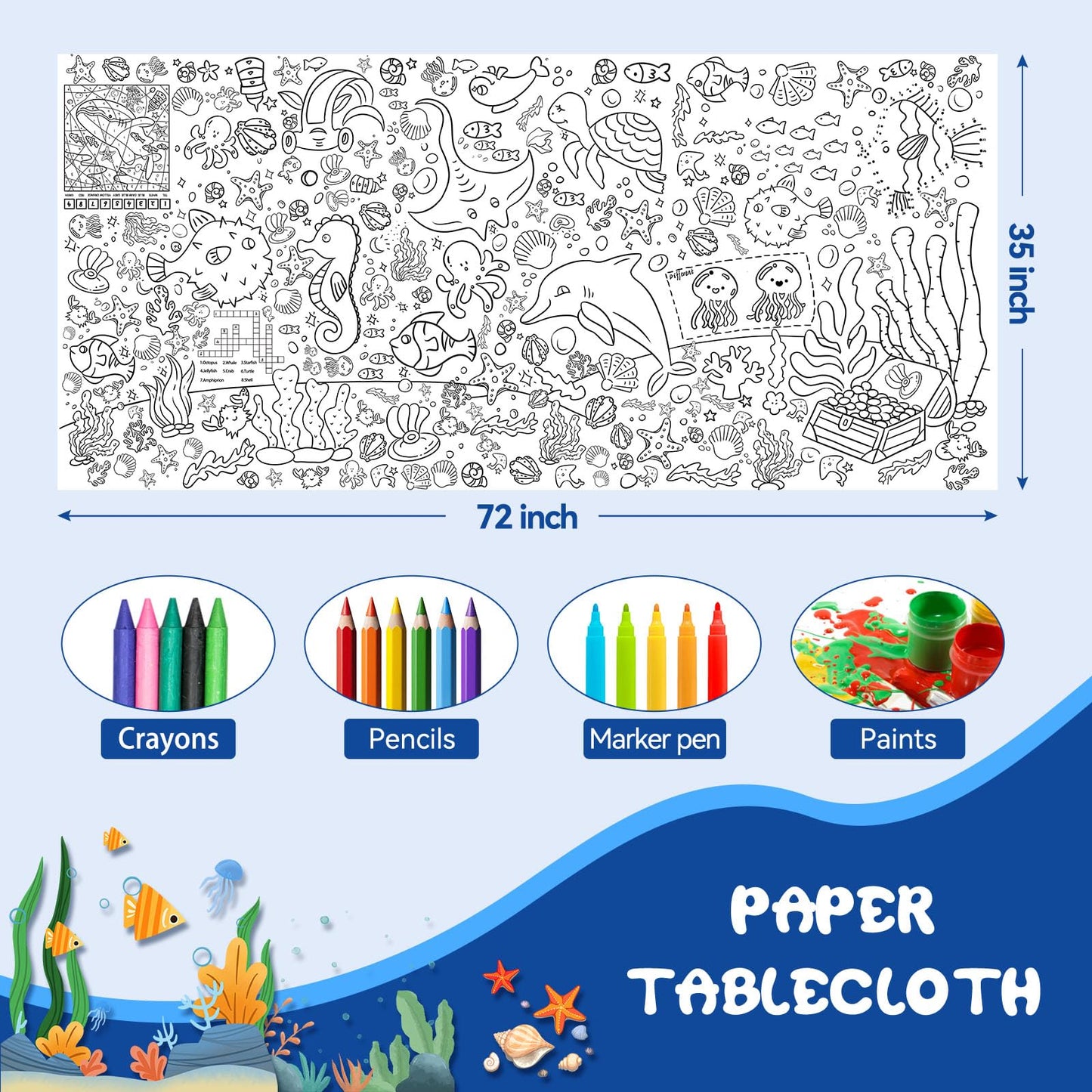 PADTIC Giant Coloring Poster,30x72Inch Happy Birthday Drawing Paper Coloring Tablecloth,DIY Birthday Activity Poster Table Cover,Kids Art Crafts Coloring Mat,Home Classroom Birthday Party Suppiles