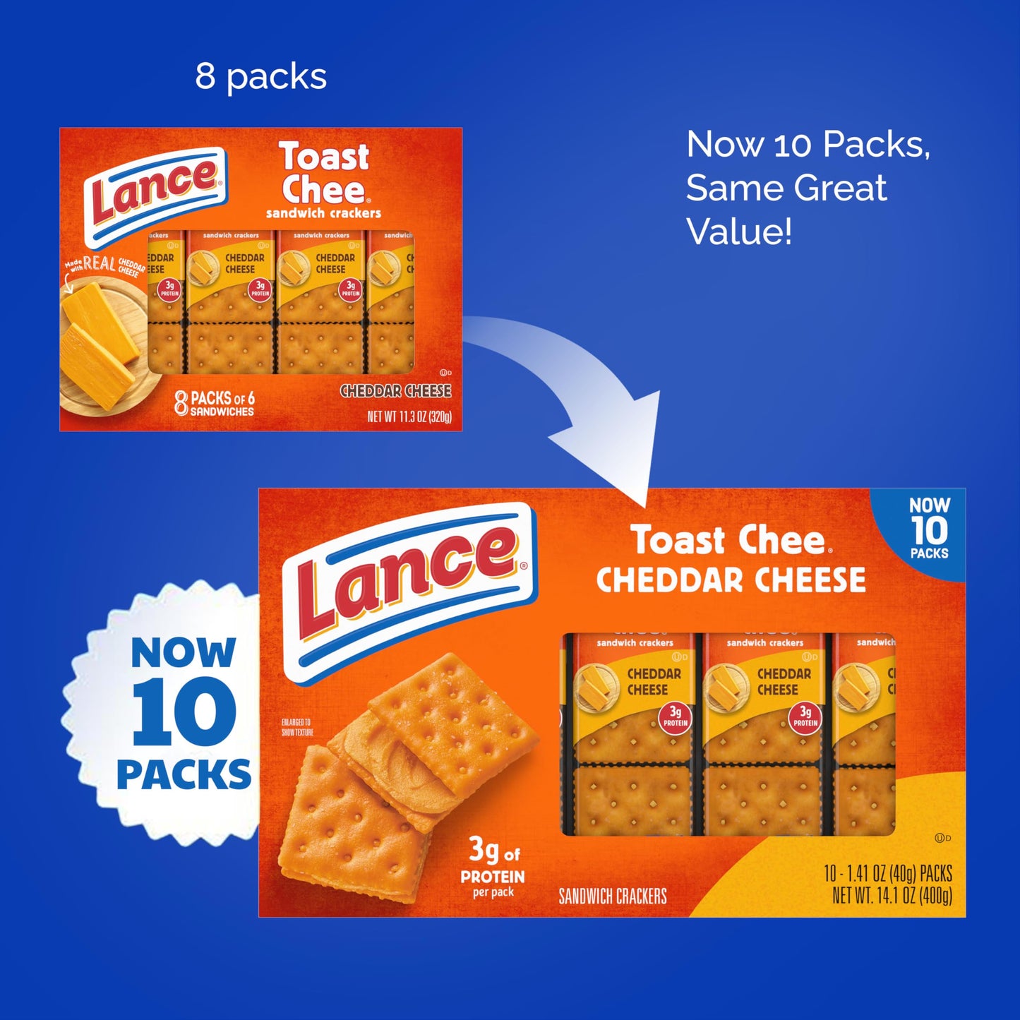 Lance Sandwich Crackers, Captain's Wafer Grilled Cheese, 10 Individual Packs, 6 Sandwiches Each