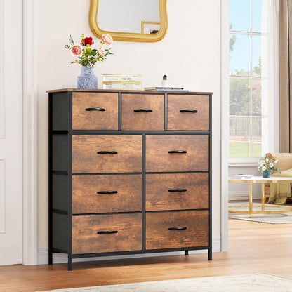 DWVO Dresser with 9 Drawers - Fabric Storage Tower, Organizer Unit for Living Room, Hallway - Sturdy Steel Frame, Wooden Top & Easy Pull Fabric Bins