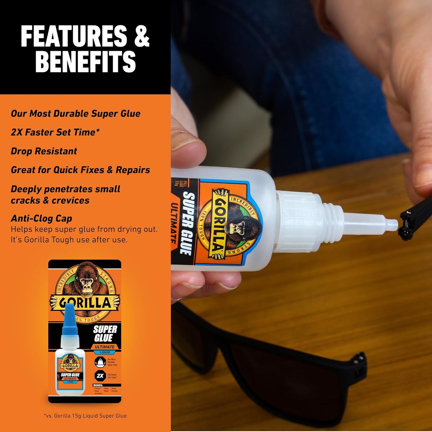 Gorilla Super Glue Ultimate, Fast-Setting Cyanoacrylate Adhesive for Quick Fixes & Repairs, 15g Bottle with Anti-Clog Cap, Clear (Pack of 1)