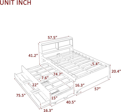 Full Size Bed Frame with Bookcase Headboard,Captain’s Bed Full with Trundle and Drawers for Kids,Trundle Bed with Storage for Teens,Adults(Full,Espresso)