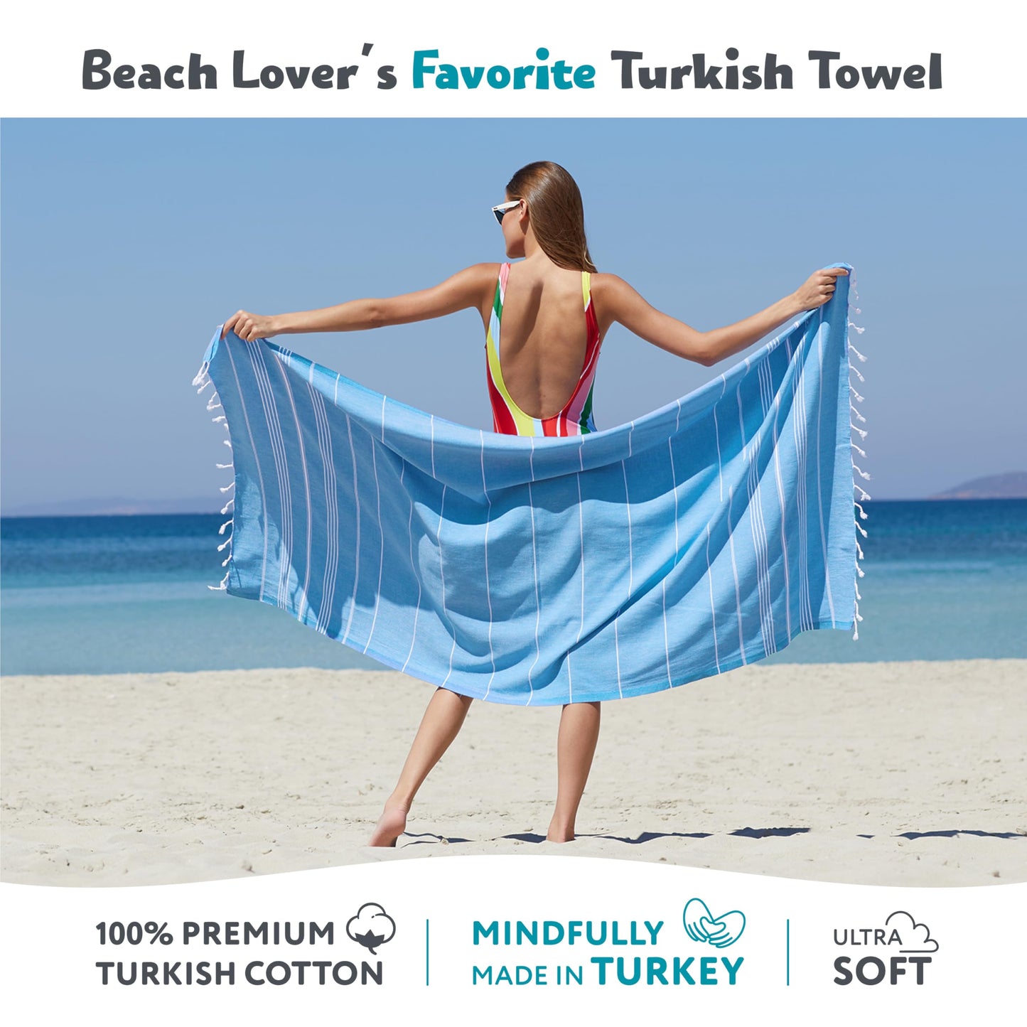 WETCAT Turkish Beach Towel Oversized 38x71 100% Cotton Sand Free Quick Dry Extra Large Light Travel Towel for Adults Beach Accessories Gifts (Blue, Beach Towel (38" x 71"))