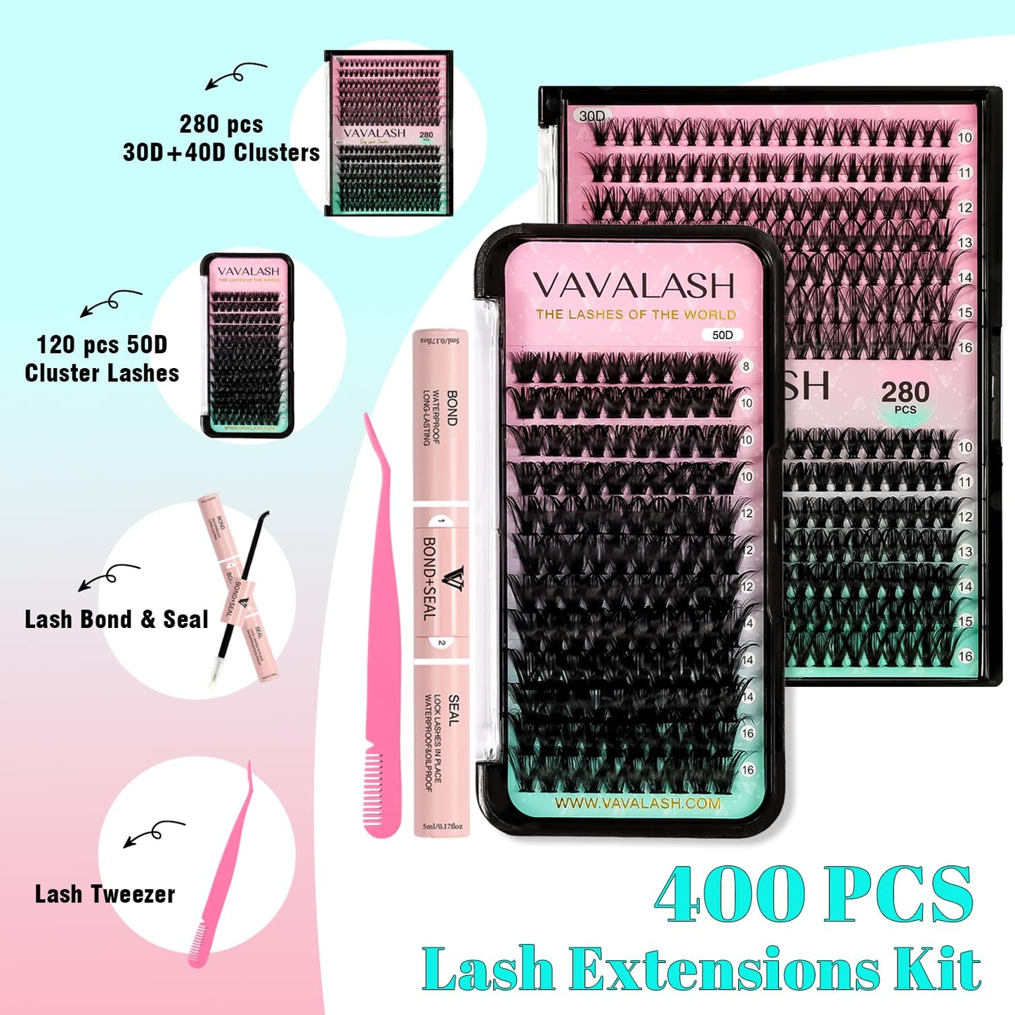 VAVALASH DIY Lash Extension Kit 280 Clusters Individual Lashes Kit 30D 40D 0.07D-10-16mm Lash Clusters, Lash Bond and Seal, Lash Tweezer for DIY Eyelash Extension at Home（Kit-30D+40D-0.07D-10-16MIX）