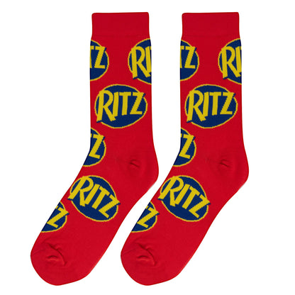 Crazy Socks for Men, Ritz Cracker, Funny Snack Food Novelty Print, Crew, Large