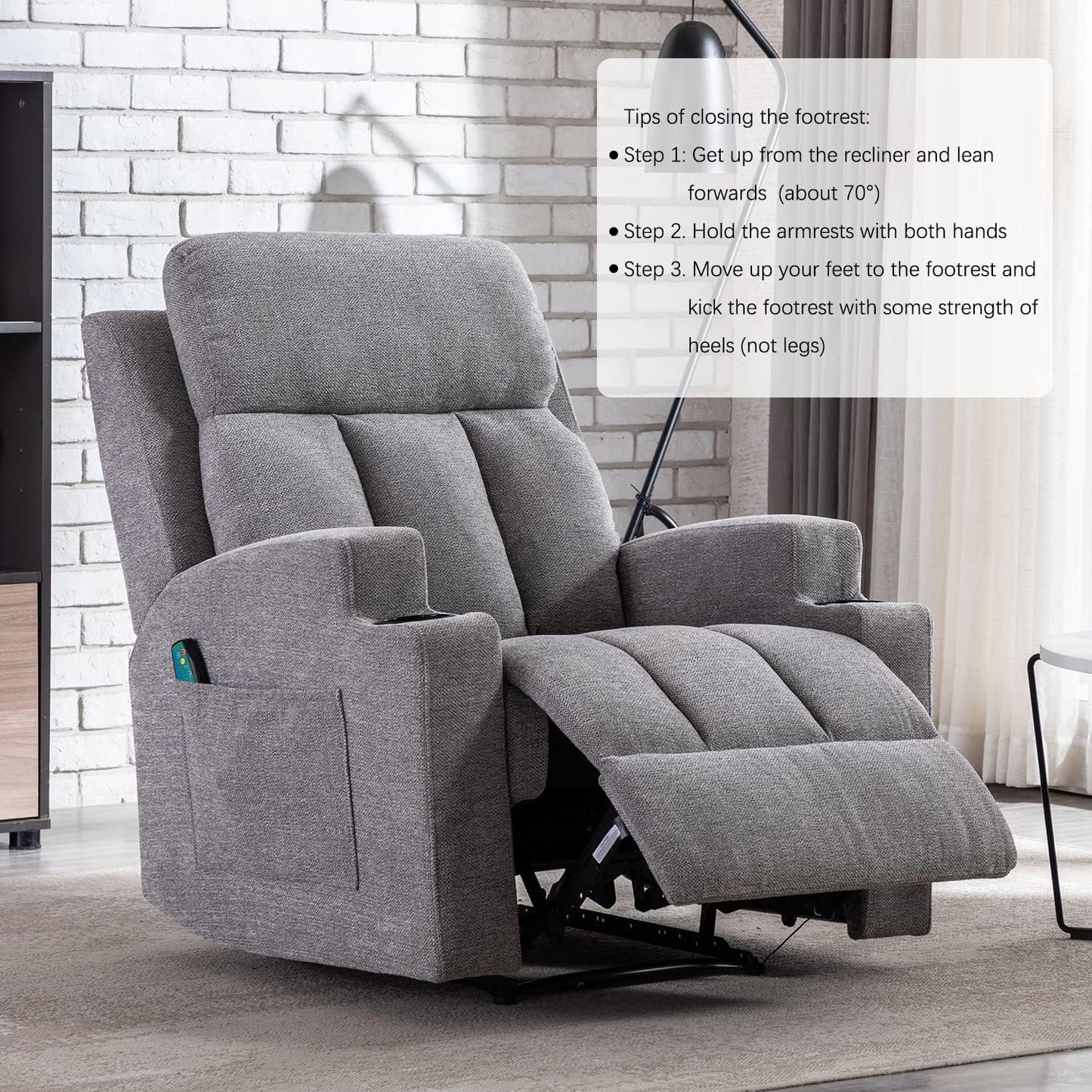 ANJ Home Manual Massage Recliner Chairs with Heat for Living Room, Overstuffed Breathable Fabric Reclining Chair with Side Pockets and Cup Holders, Single Sofa Home Theater Seating, Grey