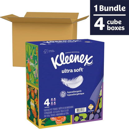 Kleenex Ultra Soft Facial Tissues, 4 Cube Boxes, 60 Tissues per Box, 3-Ply (240 Total Tissues), Packaging May Vary