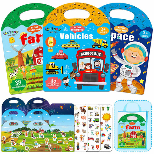 3 Sets Sticker Books for Toddler 1-3, 118 Pcs Reusable Stickers Vehicles, Farm, Space Theme Sticker Books for Girls Boys Preschool Education Learning Toys for Kids 2 3 4 Year Old