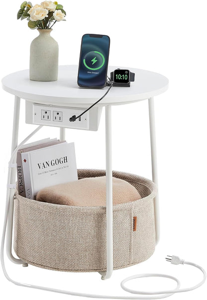 VASAGLE Side Table with Charging Station, Round End Table With Fabric Basket, Nightstand with Power Outlets USB Ports, for Living Room, Bedroom, Modern, Matte White and Camel Brown ULET228W01