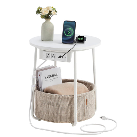 VASAGLE Side Table with Charging Station, Round End Table With Fabric Basket, Nightstand with Power Outlets USB Ports, for Living Room, Bedroom, Modern, Matte White and Camel Brown ULET228W01