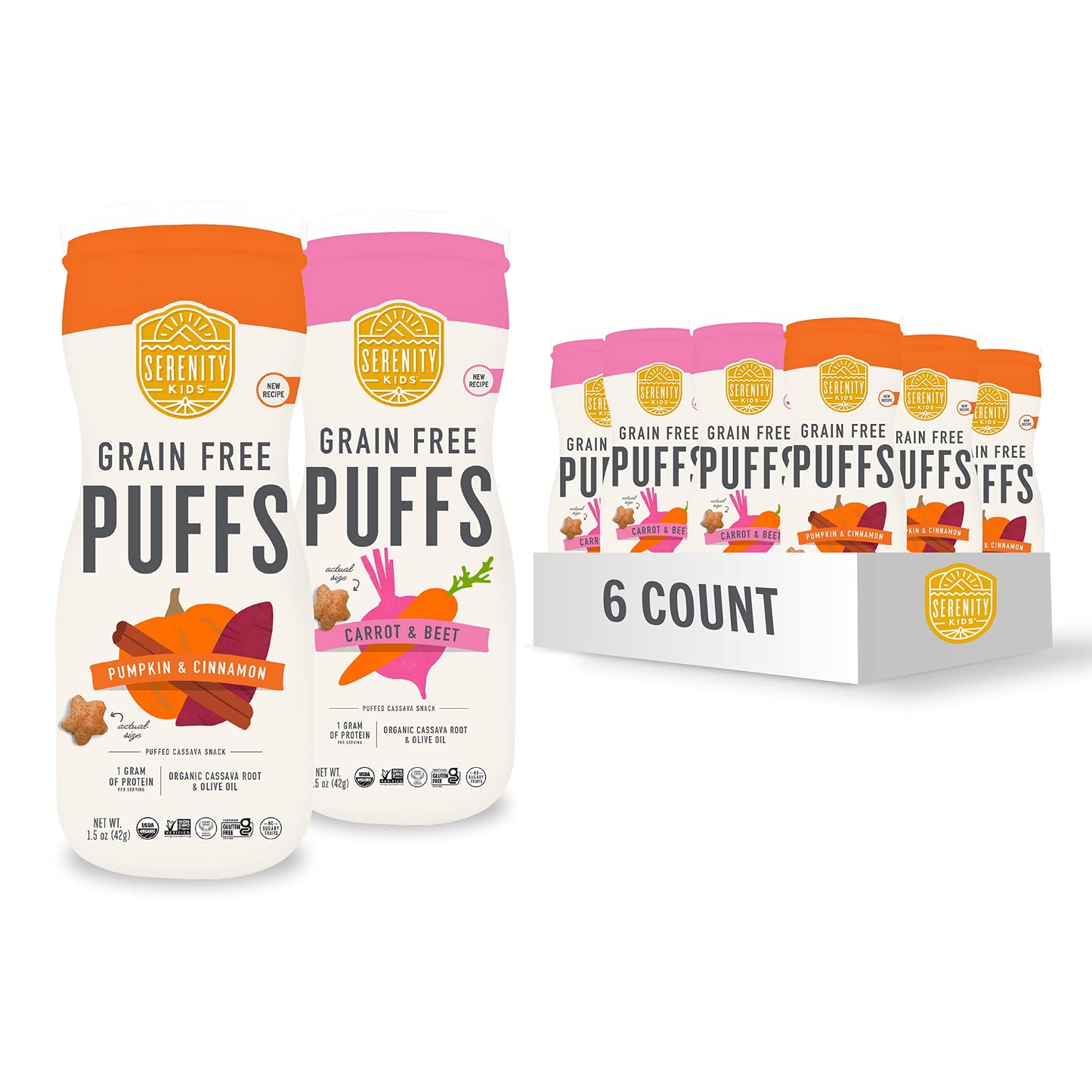 Serenity Kids 6+ Months Grain Free Puffs Toddler & Baby Snack | No Added Sugar, Gluten & Rice Free, Allergen Free | Made with Organic Cassava, Veggies, and Herbs | Puffs Variety Pack | 6 Count