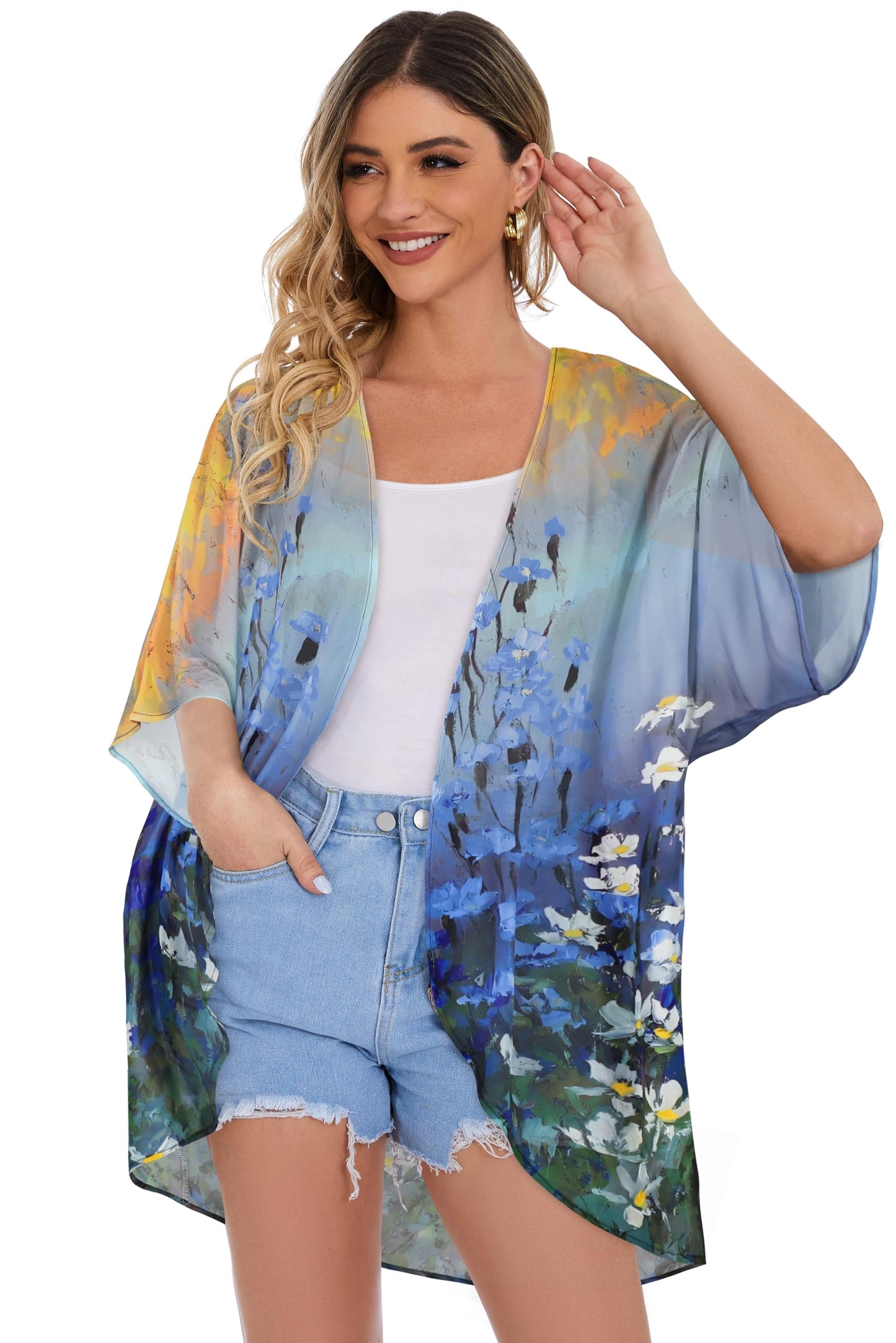 Women's Floral Print Puff Sleeve Kimono Cardigan Loose Cover Up Casual Blouse Tops