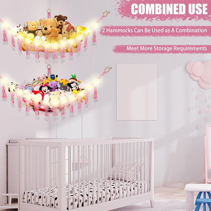 Stuffed Animal Hammock with LED Light, Toy Hammock for Stuffed Animals Storage for Kids Room Decor, Stuffed Animal Hammock Corner, Pink