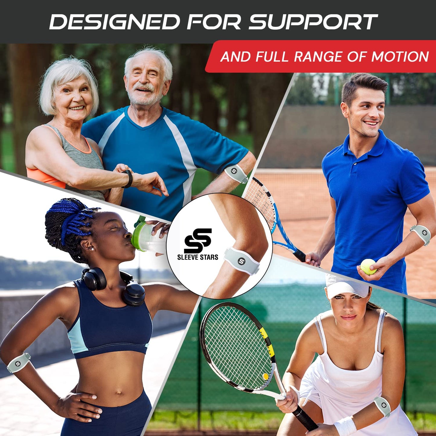 Sleeve Stars Tennis Elbow Brace for Men & Women, Tendonitis Elbow Brace & Strap Golfers Elbow Brace Counterforce Band for Tendon Pain Relief & Support for Forearm w/ 3 Straps Fits 9-23" (Single/Black)