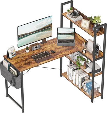 Treesland 47 Inch Computer Desk with Bookshelf, Corner Desk with Storage, L Shaped Desk, Home Office Desks, Writing Study Desk for Bedroom, Brown