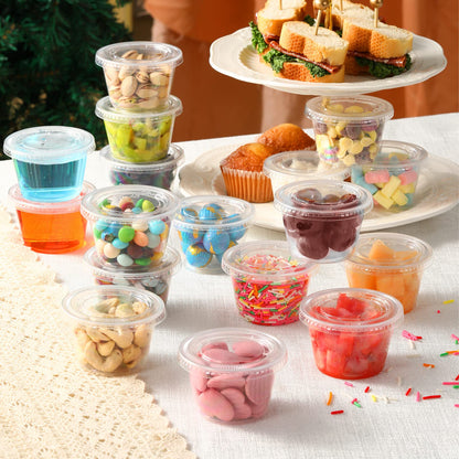 [130 Sets - 2 Oz ] Jello Shot Cups, Small Plastic Containers with Lids, Airtight and Stackable Portion Cups, Salad Dressing / Dipping Sauce Cups, Condiment Cups for Lunch, Party to Go, Trips