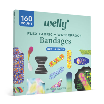 Welly Bandage Family Pack | Adhesive Flexible Fabric & Waterproof Bandages | Assorted Shapes and Patterns for Minor Cuts, Scrapes, and Wounds - 80 Count