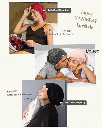 YANIBEST Slouchy Beanie Hat Satin Lined Sleep Cap Satin Bonnet Chemo Headwear Caps for Women and Men Pure Black