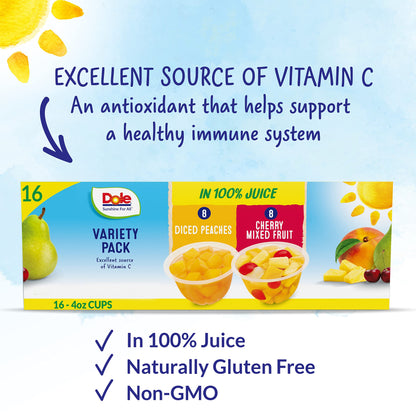 Dole Fruit Bowls Diced Peaches in 100% Juice Snacks, 4oz 12 Total Cups, Gluten & Dairy Free, Bulk Lunch Snacks for Kids & Adults