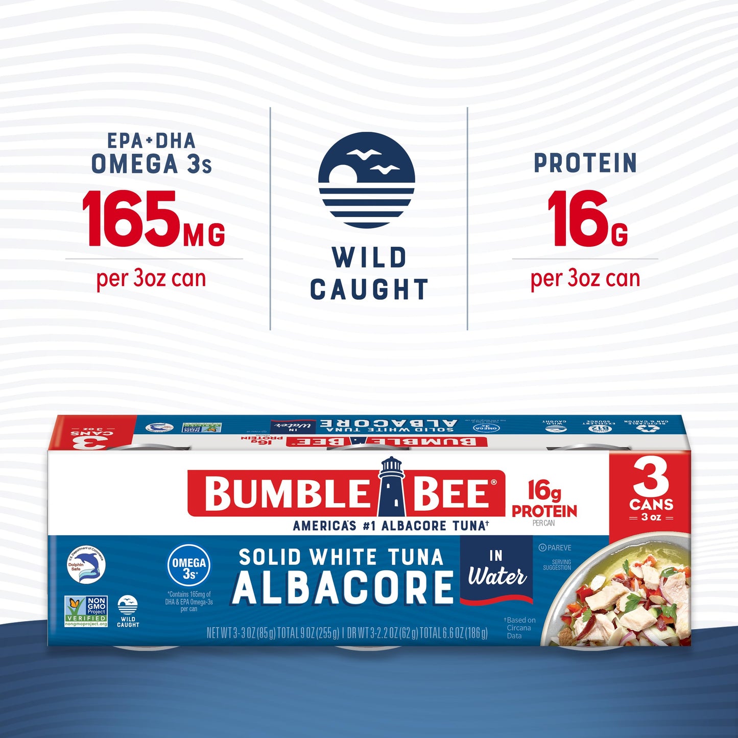 Bumble Bee Solid White Albacore Tuna in Water, 5 oz Can (Pack of 8) - Wild Caught Tuna - 29g Protein per Serving, High in Omega-3s - Non-GMO Project Verified, Gluten Free, Kosher