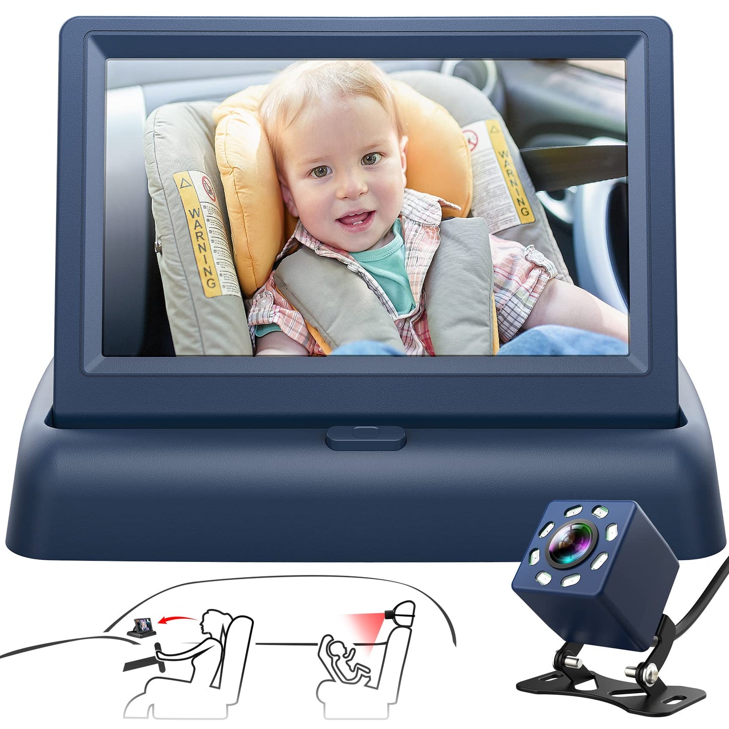 Baby Car Mirror, 4.3'' HD Night Vision Function Car Mirror Display, Safety Car Seat Mirror Camera Monitored Mirror with Wide Crystal Clear View, Aimed at Baby, Easily Observe the Baby’s Move