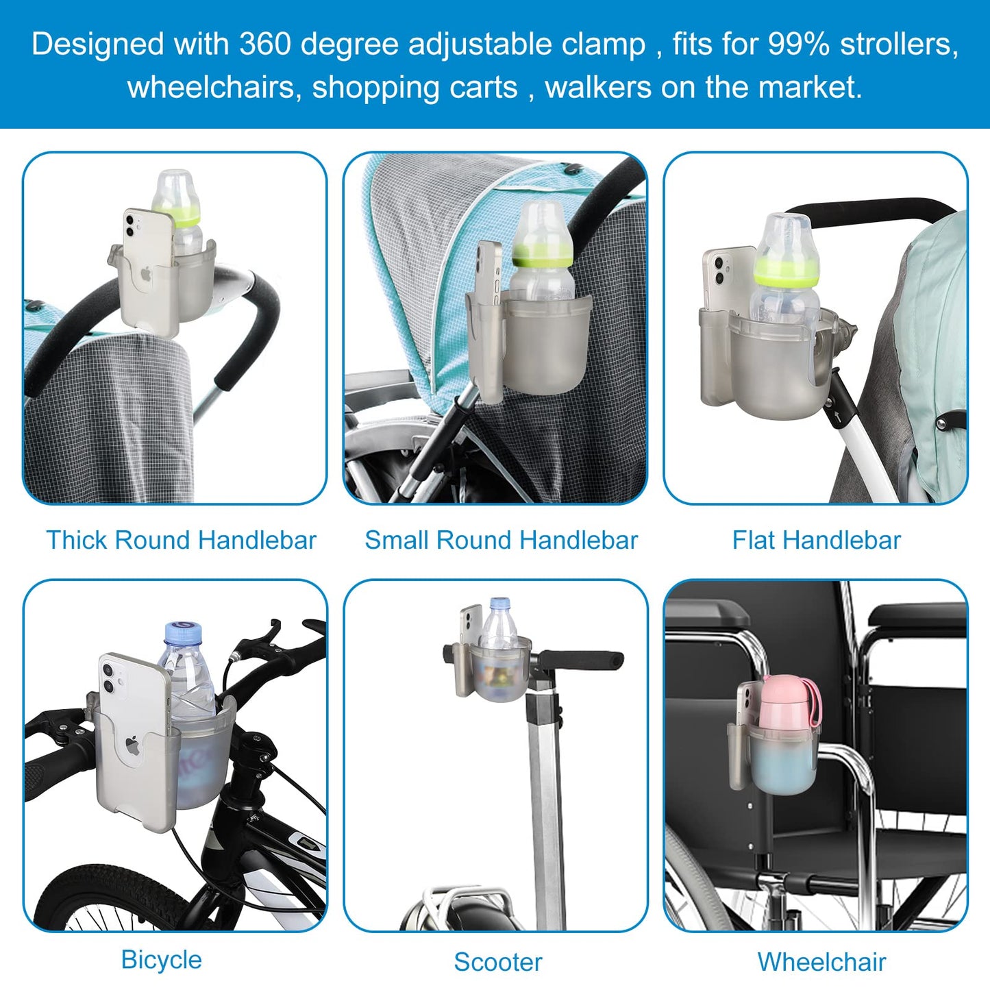 Accmor Stroller Cup Holder with Phone Holder, Bike Cup Holder, Universal Cup Holder for Uppababy Nuna Doona Strollers, 2-in-1 Cup Phone Holder for Stroller, Bike, Wheelchair, Walker, Scooter