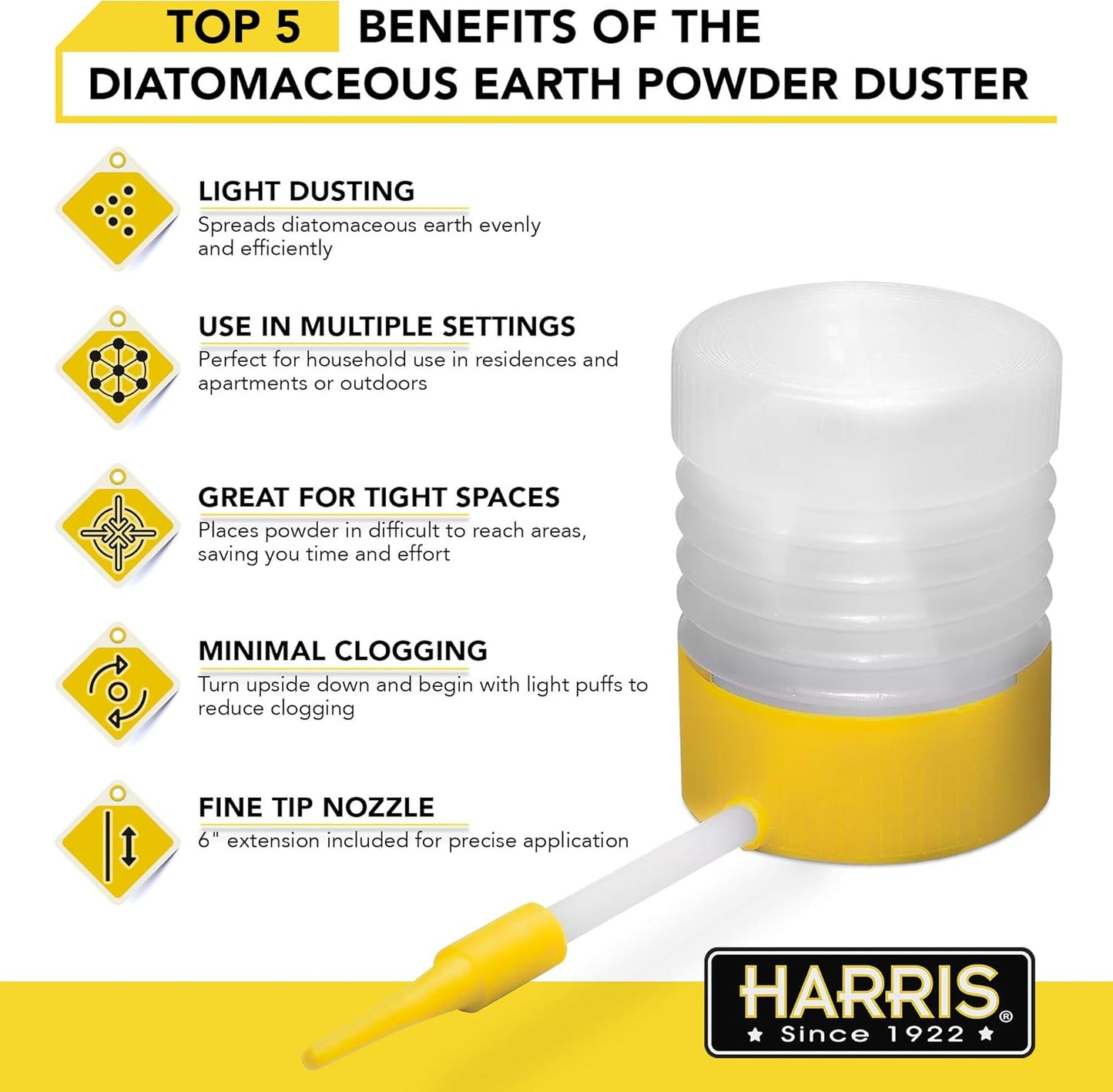 Harris Diatomaceous Earth Powder Duster with 6 Inch Extension Nozzle for Indoor and Outdoor Use