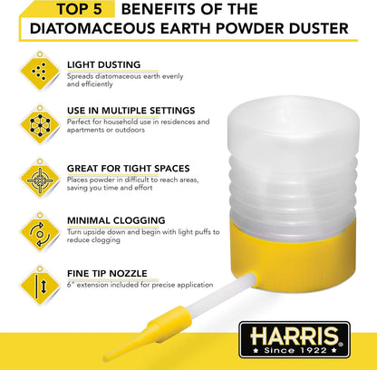 Harris Diatomaceous Earth Powder Duster with 6 Inch Extension Nozzle for Indoor and Outdoor Use