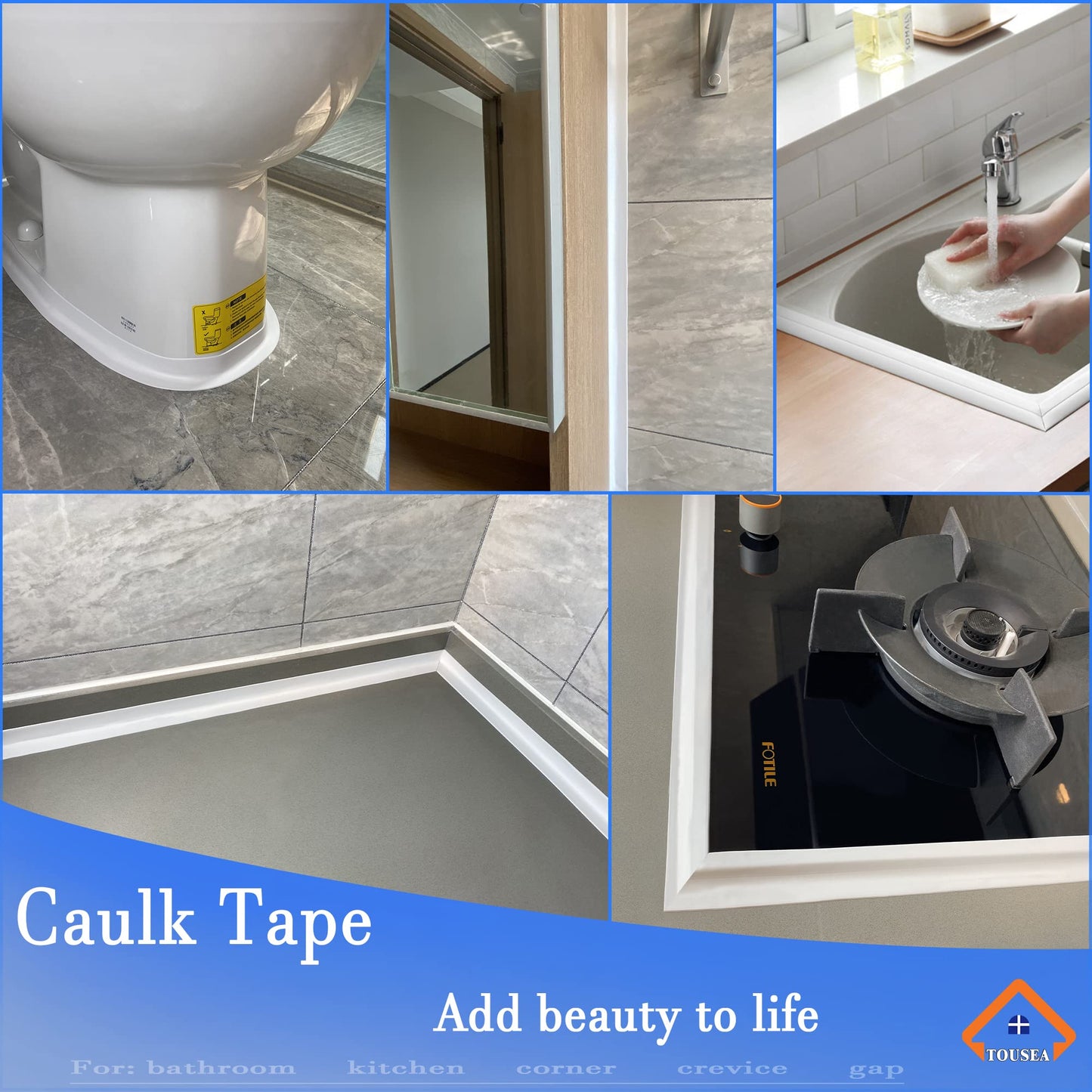 White Caulk Tape Waterproof Self Adhesive,, Toilet Caulk Sealant Tape, Bathtub Caulk Sealing Strip Tape for Bathroom Caulking Tape Shower Caulk