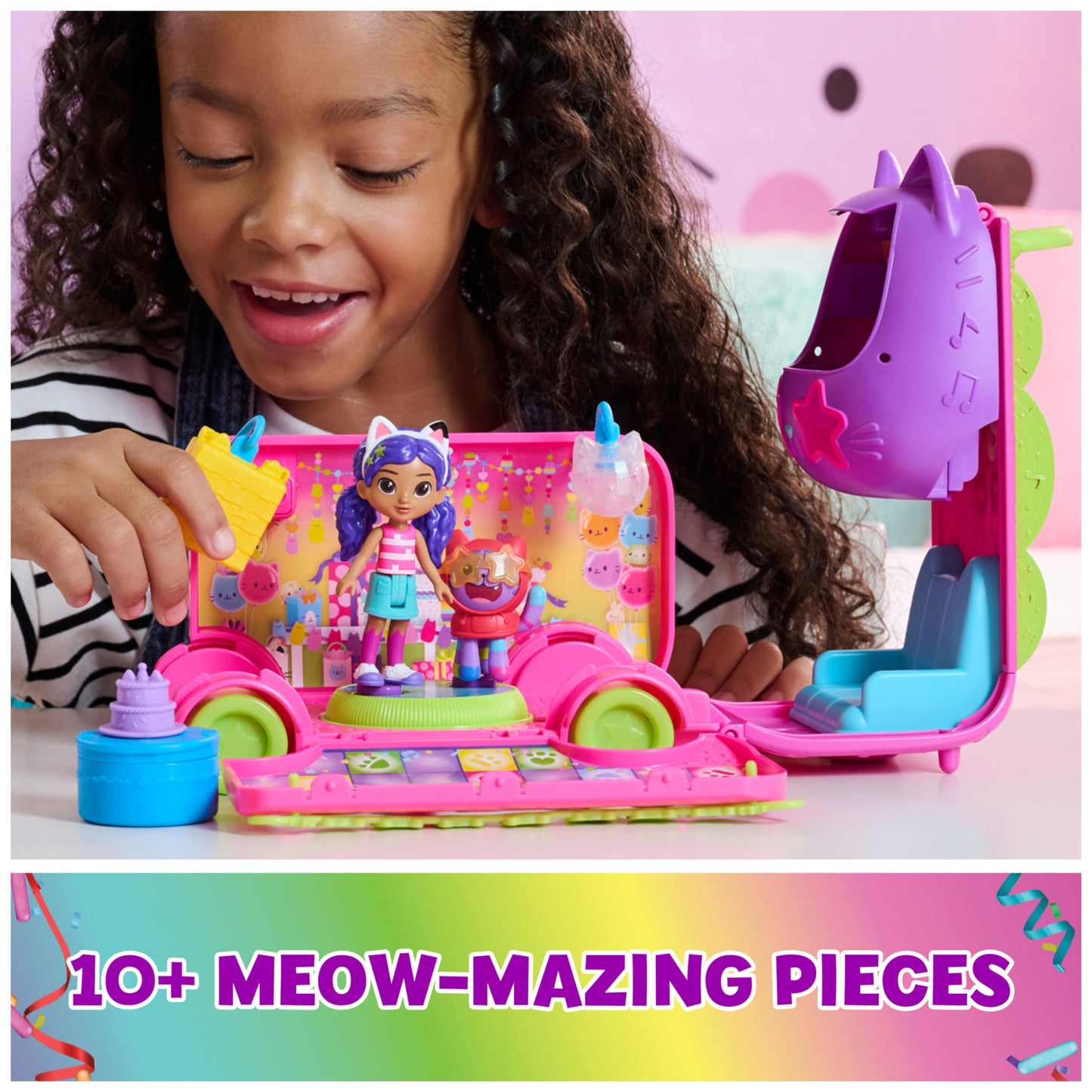 Gabby's Dollhouse Celebration Party Bus, Transforming Playset with Gabby & DJ Catnip Toy Figures & Dollhouse Accessories, Kids Toys for Ages 3 and Up