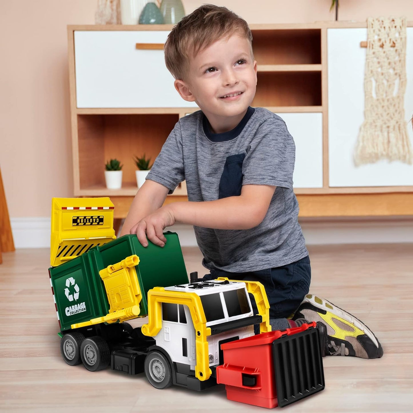 JOYIN Large Friction Powered Garbage Truck Toy Set, Includes Dumpster, Trash Bins, and Learning Cards for Kids