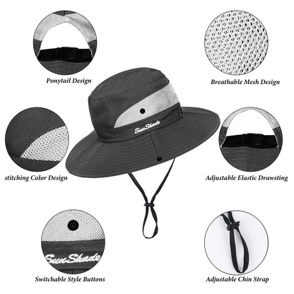 Women's Outdoor UV-Protection-Foldable Sun-Hats Mesh Wide-Brim Beach Fishing Hat with Ponytail-Hole