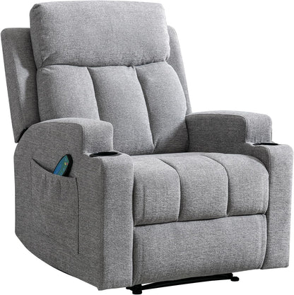 ANJ Home Manual Massage Recliner Chairs with Heat for Living Room, Overstuffed Breathable Fabric Reclining Chair with Side Pockets and Cup Holders, Single Sofa Home Theater Seating, Grey