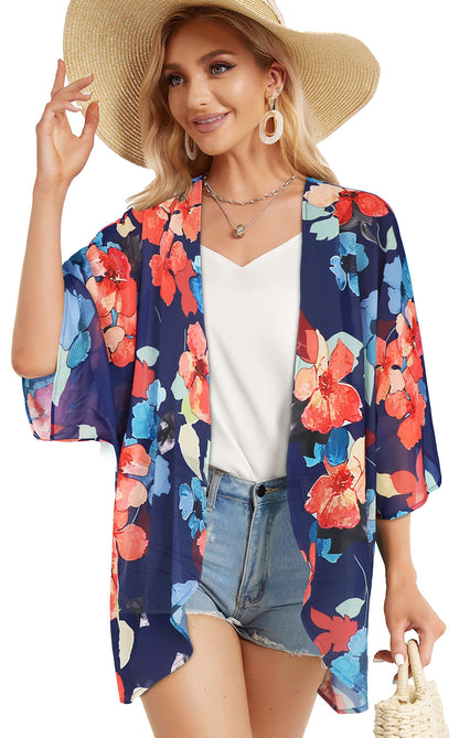 Women's Floral Print Puff Sleeve Kimono Cardigan Loose Cover Up Casual Blouse Tops