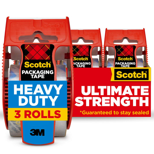 Scotch Heavy Duty Packaging Tape, 1.88" x 22.2 yd, Designed for Packing, Shipping and Mailing, Strong Seal on All Box Types, 1.5" Core, Clear, 3 Rolls with Dispenser (142-3)