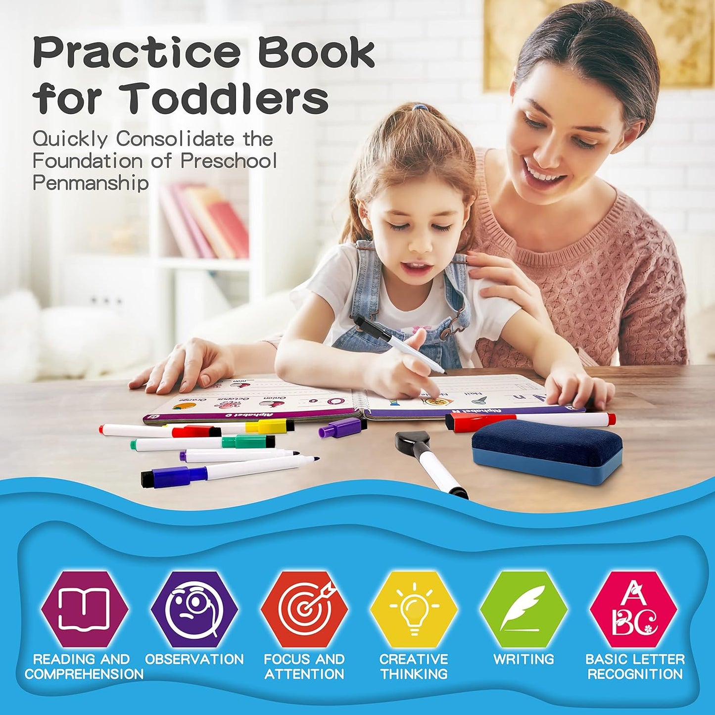 Handwriting Practice Book for kids, Toddlers Preschool Learning Activity 40 Pages Autism Educational Montessori Toys Learn Number Letters Shapes Animal & Sight Words Workbook with 8 Dry Erase Markers