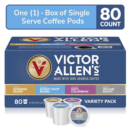 Victor Allen's Coffee Variety Pack (Morning Blend, 100% Colombian, Donut Shop Blend, and Italian Roast), 80 Count, Single Serve Coffee Pods for Keurig K-Cup Brewers